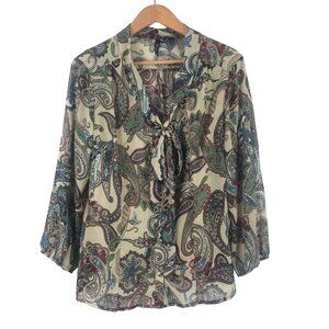 NWT New Direction Womens PXL Blouse Paisley Sheer Long Sleeve Tie Neck Button